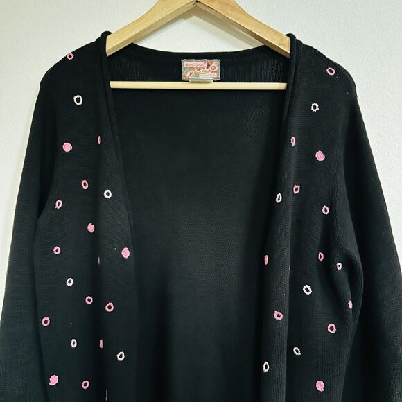 VTG April Cornell Size S Black Cardigan Pink Polka Dot Embroidery - Picture 6 of 9